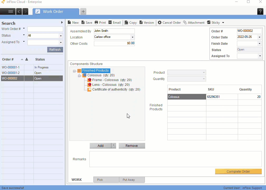 Work order screen on inFlow Inventory for Windows. Animated gif showing how to split a work order.