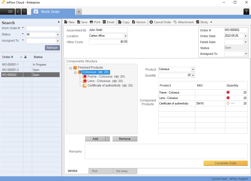 Work order screen on inFlow Inventory for Windows. Showing the components that will be assembled to make the finished product.