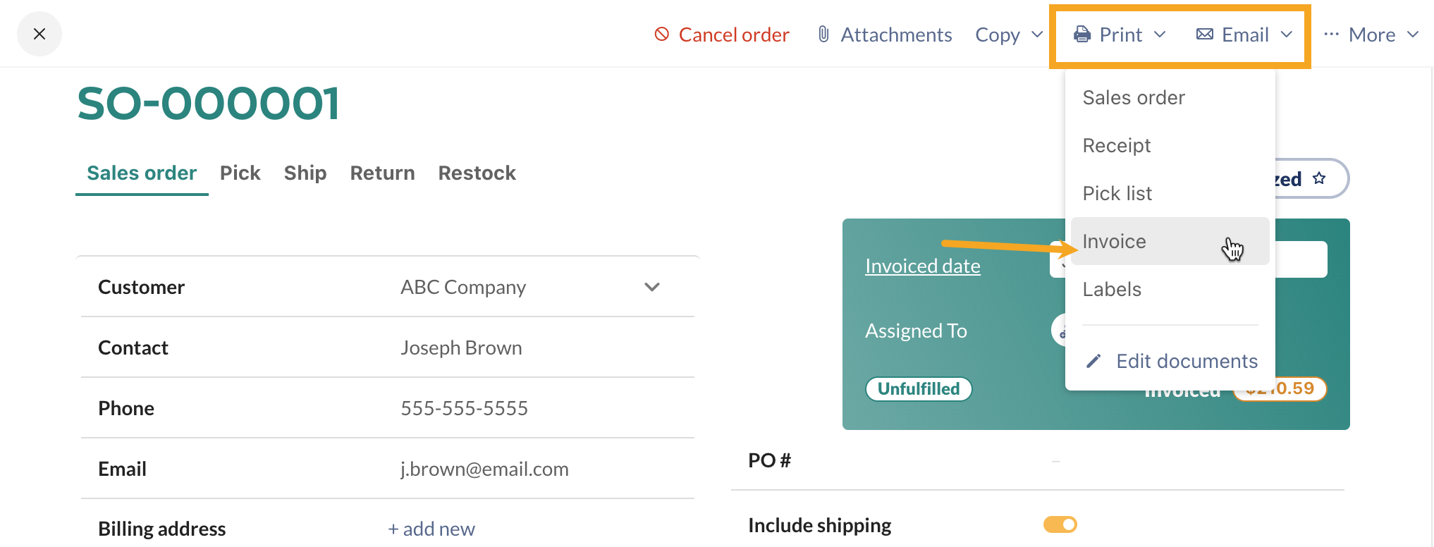The inFlow sales order screen highlights the Print and Email button for sending invoices.