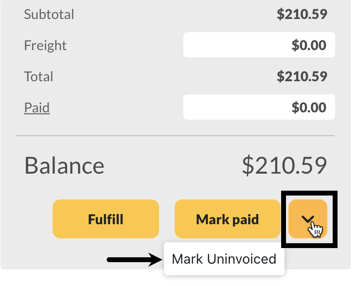 The inFlow sales order total area is where you can select the "Marked Invoiced" button to push orders to QuickBooks Online.