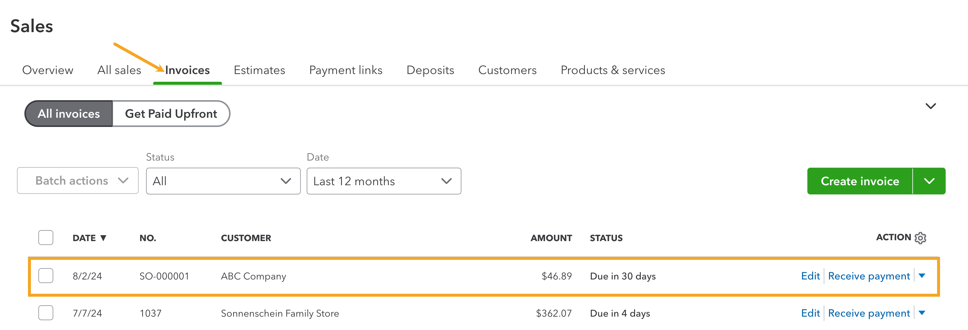 QuickBooks Online Invoices area where inFlow sales orders are pushed.