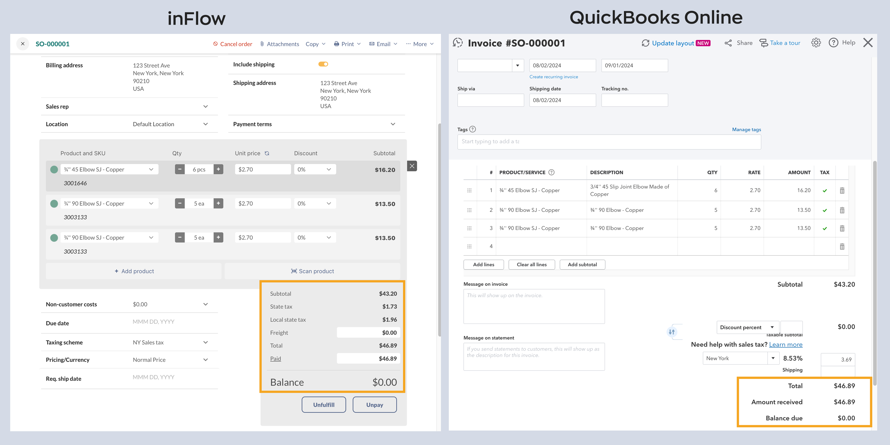 This is an example image showing an inFlow sales order that has been pushed to QuickBooks Online. With the Push and pull payments setting, the payment can be made in one system and synced to the other system.