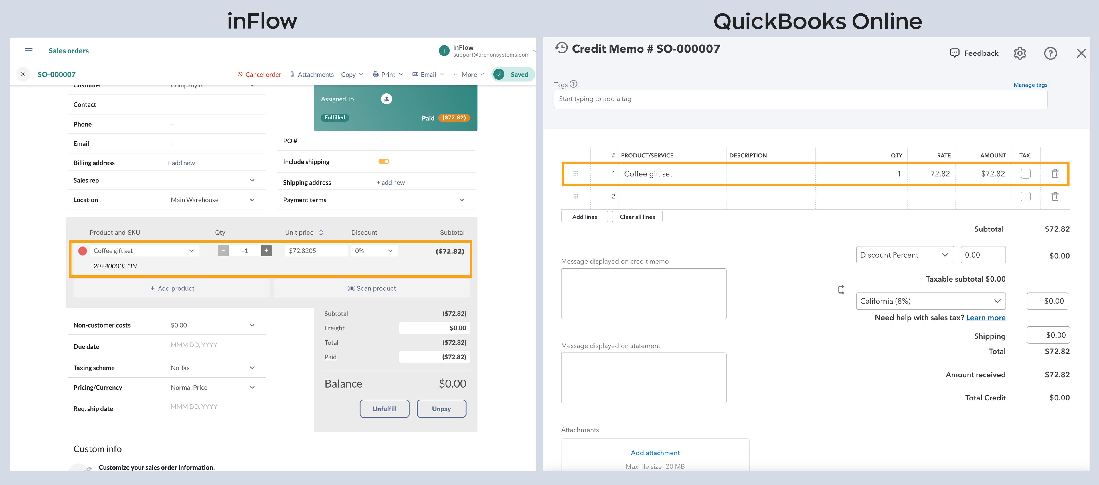 This image shows a refund processed in inFlow on a blank, unpaid sales order. The refund information has been pushed to the matching invoice in QuickBooks Online.