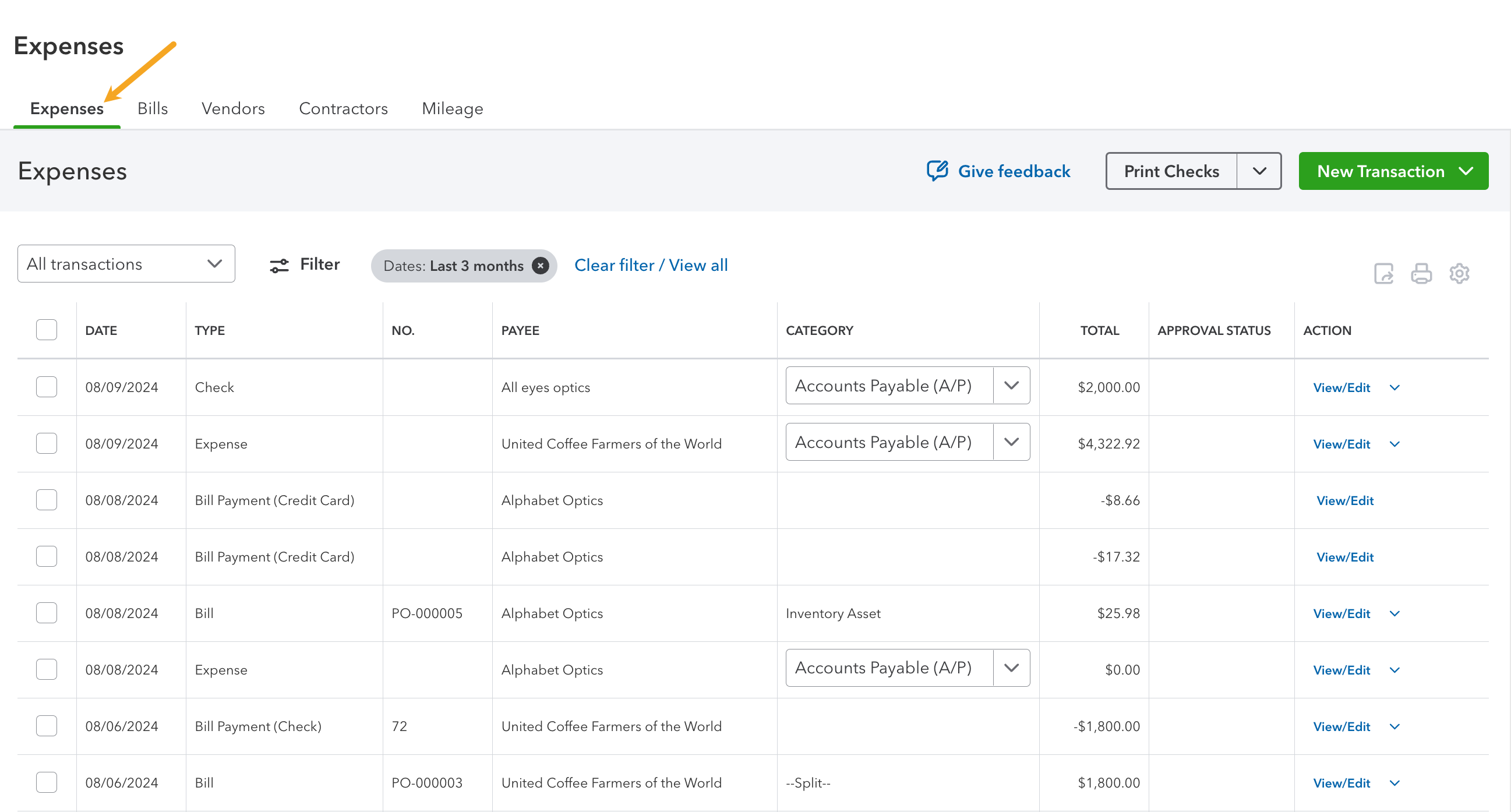 An image of where to find bills in QuickBooks Online where inFlow purchase orders will be pushed.