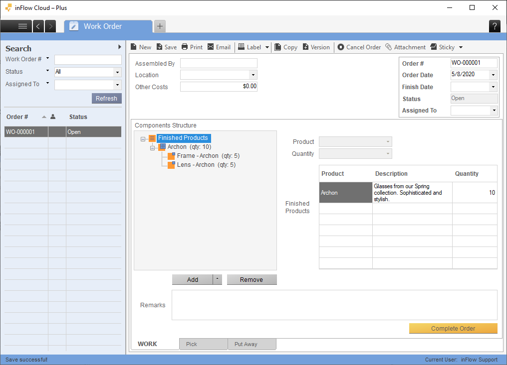 Work order screen on inFlow Inventory for Windows. Selecting the finished product, showing the components.