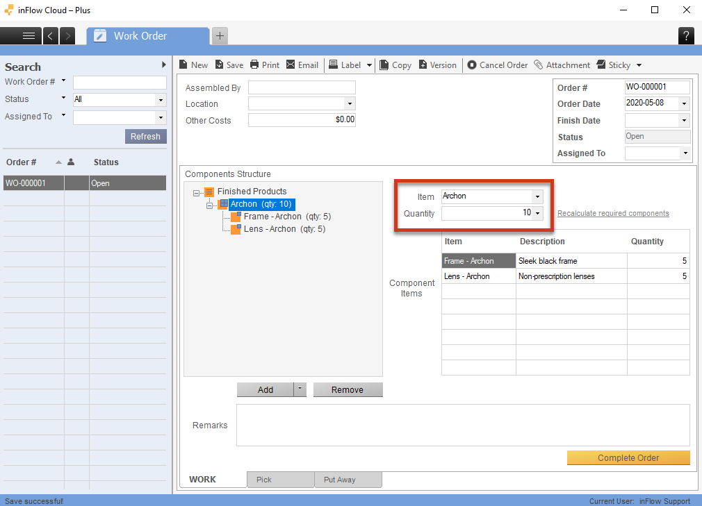 Work order screen on inFlow Inventory for Windows. Changing how many finished products are being assembled on the Work order.