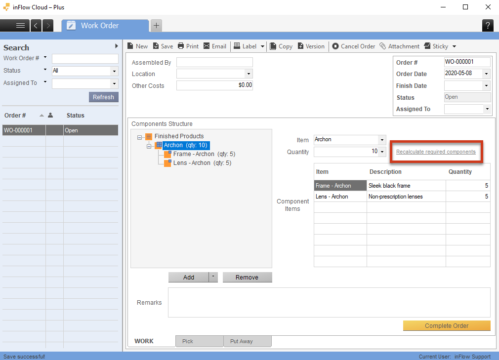 Work order screen on inFlow Inventory for Windows. Showing where to recalculate the component products after changing the work order quantity.