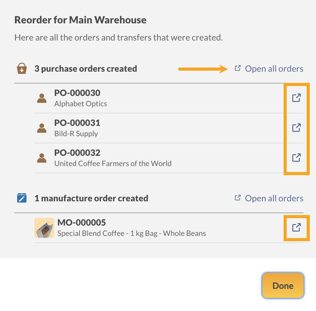inFlow reorder settings window showing how to open newly made orders in a new tab.