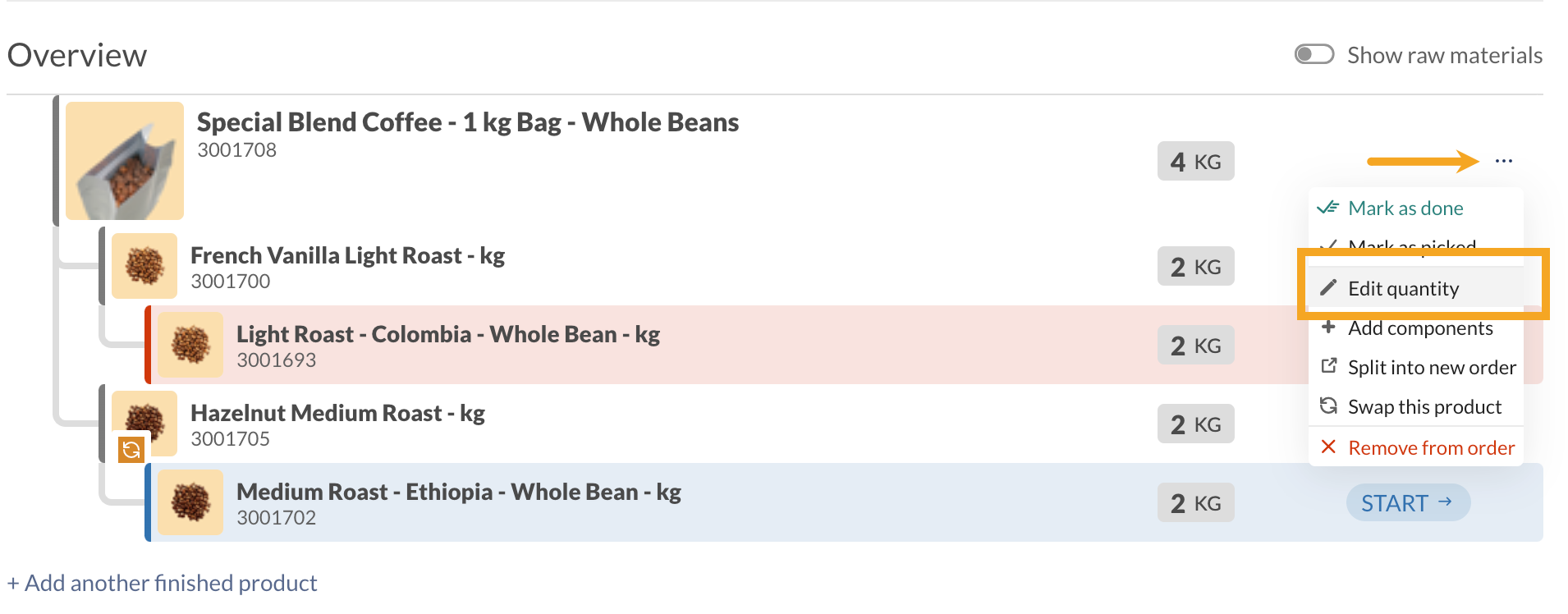 Component menu where you can edit the quantity of a component on the manufacture order.