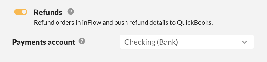 QuickBooks Online integration sales order push refund and payments account settings.