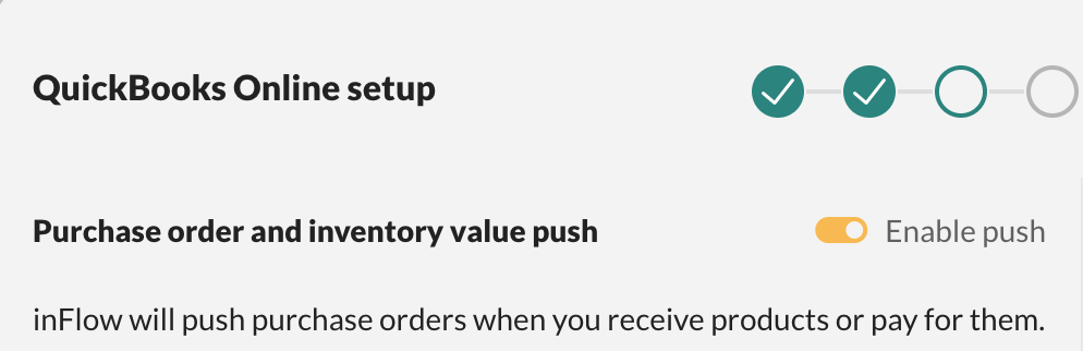 QuickBooks Online integration setup screen, where the Purchase order and inventory value push setting is toggled on.
