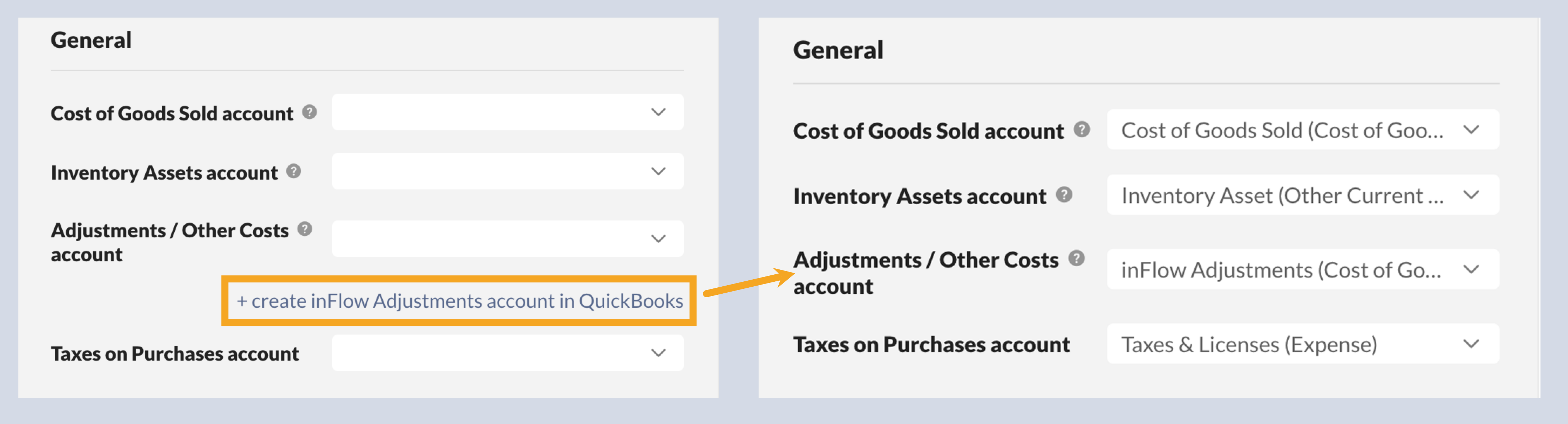 QuickBooks Online integration screen shows the purchase order and inventory value push account setup.