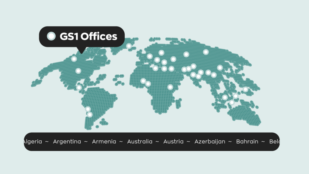 A map showing some of the various GS1 office locations around the world.