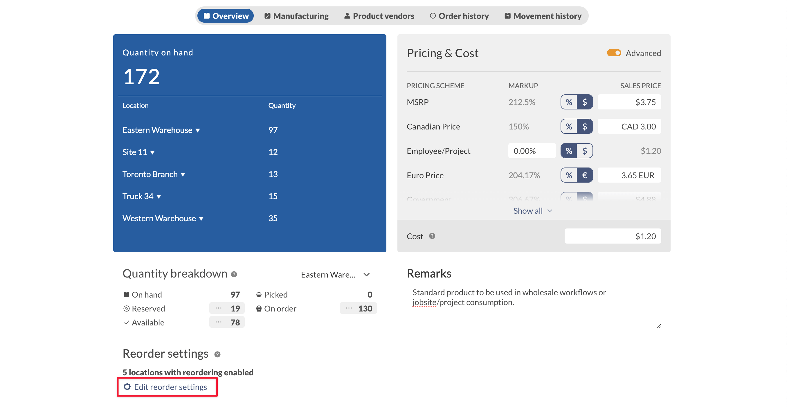 Overview tab on the product record. Showing where the